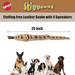 SPOT Skinneeez Leather Snake with four squeakers for sound-stimulated fun.