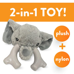 Spunky Pup Knucklehead plush-squeaker elephant closeup demonstrates double stitched construction for lasting play