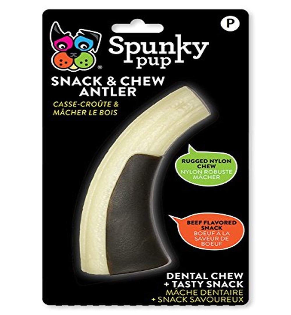 Spunky Pup Snack & Chew Antler Toy puppy closeup showcases durable nylon for safe chewing.