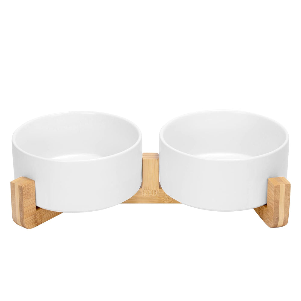 SPUNKYJUNKY ceramic dog-cat bowl with wood stand elevates meals for comfortable posture