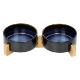 SPUNKYJUNKY ceramic bowl set with wooden stand in Starry Blue keeps meals tidy.