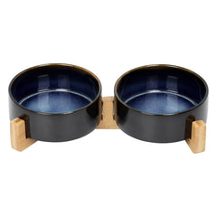 SPUNKYJUNKY ceramic bowl set with wooden stand in Starry Blue keeps meals tidy.