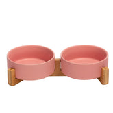 SPUNKYJUNKY ceramic bowl with wood stand closeup for tidy feeding area