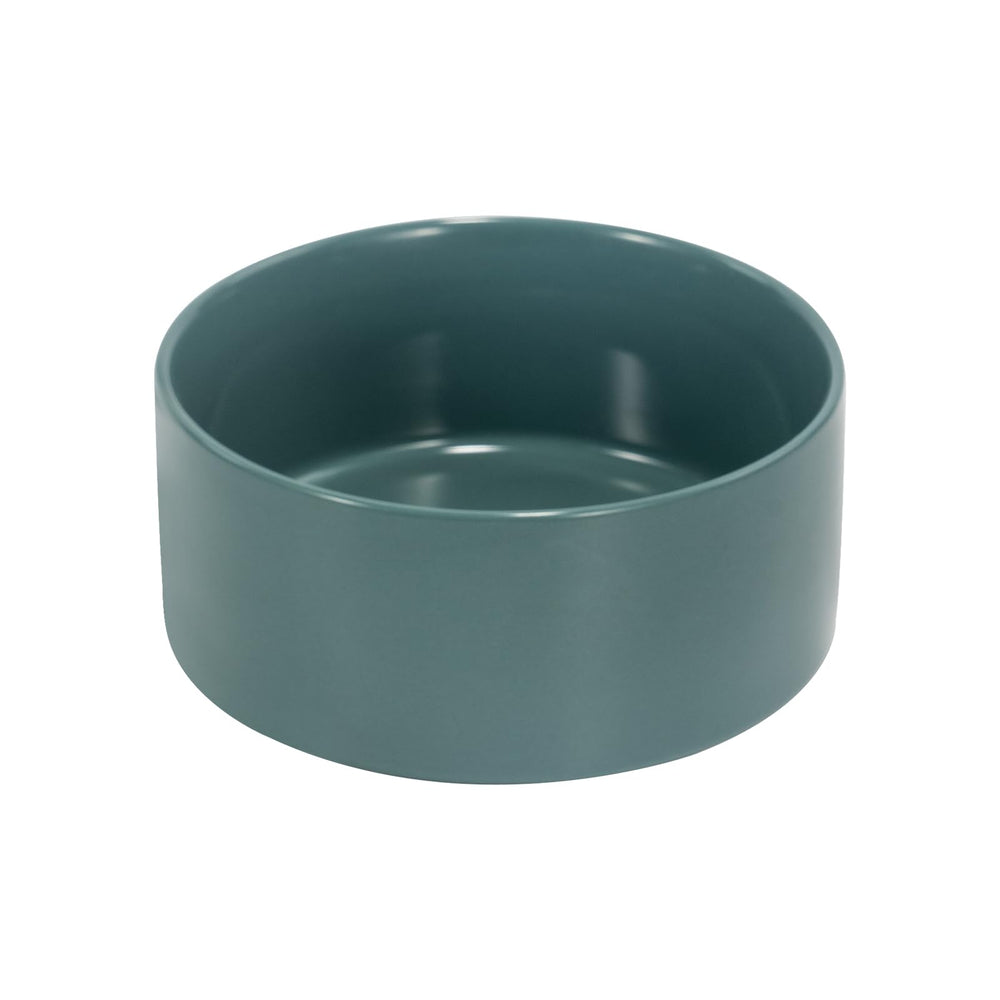 SPUNKYJUNKY ceramic dog bowl light green closeup demonstrates anti-tip stability during meals.