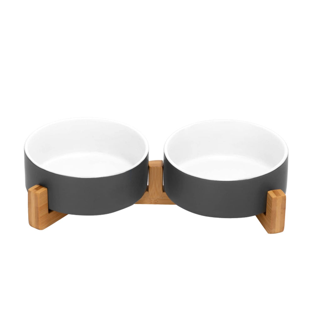 SPUNKYJUNKY ceramic dog bowl set with wooden stand elevates mealtime and reduces spills.