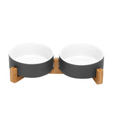 SPUNKYJUNKY ceramic dog bowl set with wooden stand elevates mealtime and reduces spills.
