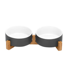 SPUNKYJUNKY ceramic dog bowl set with wooden stand elevates mealtime and reduces spills.