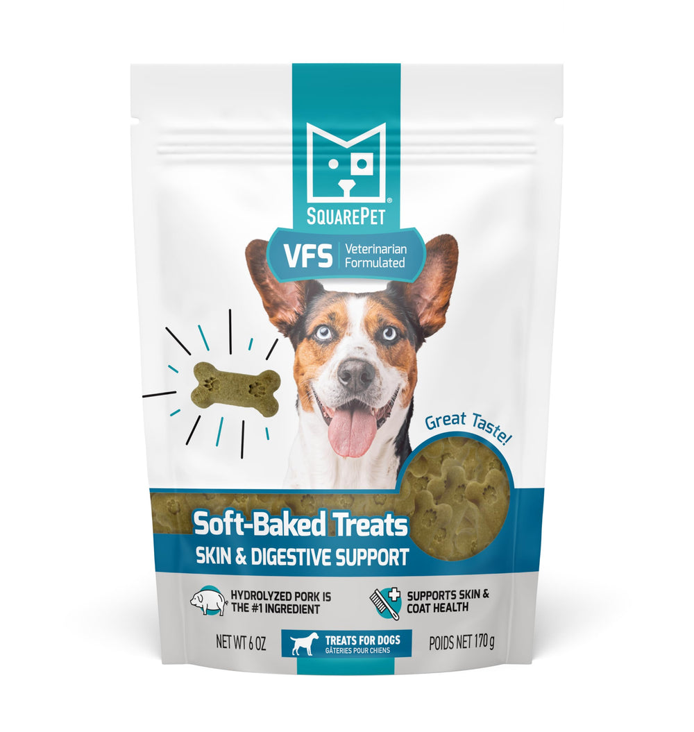 SquarePet VFS soft-baked treats shows hydrolyzed protein for sensitive dogs