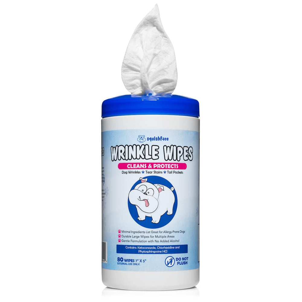 Squishface Wrinkle Wipes packaging with sealing lid preserves moisture for easy use.