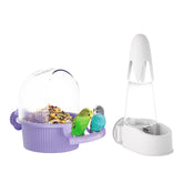 SQUSIMEI no mess bird feeder purple-white set mounted on cage for clean feeding.