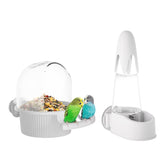 SQUSIMEI No Mess Bird Feeder Water Dispenser Set front view demonstrates mess-free feeding for busy owners.