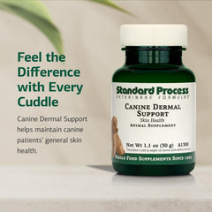 Standard Process Canine Dermal Support small dosing scoop demonstrates precise weight-based dosing.