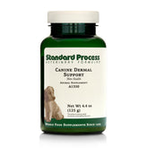 Standard Process Canine Dermal Support tub closeup showing skin health support for dogs.