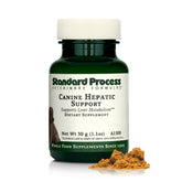 Standard Process Canine Hepatic Support bottle label highlighting liver health benefits for dogs.