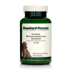 Standard Process Canine Musculoskeletal Support bottle front demonstrates active dog joint support.