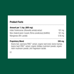 Standard Process Canine Musculoskeletal Support label close-up shows whole-food ingredients.