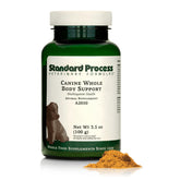 Standard Process Canine Whole Body Support bottle label emphasizes multisystem nutrition for daily health.