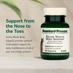Standard Process Feline Whole Body Support dosing scene shows easy tablet dosing with meals.