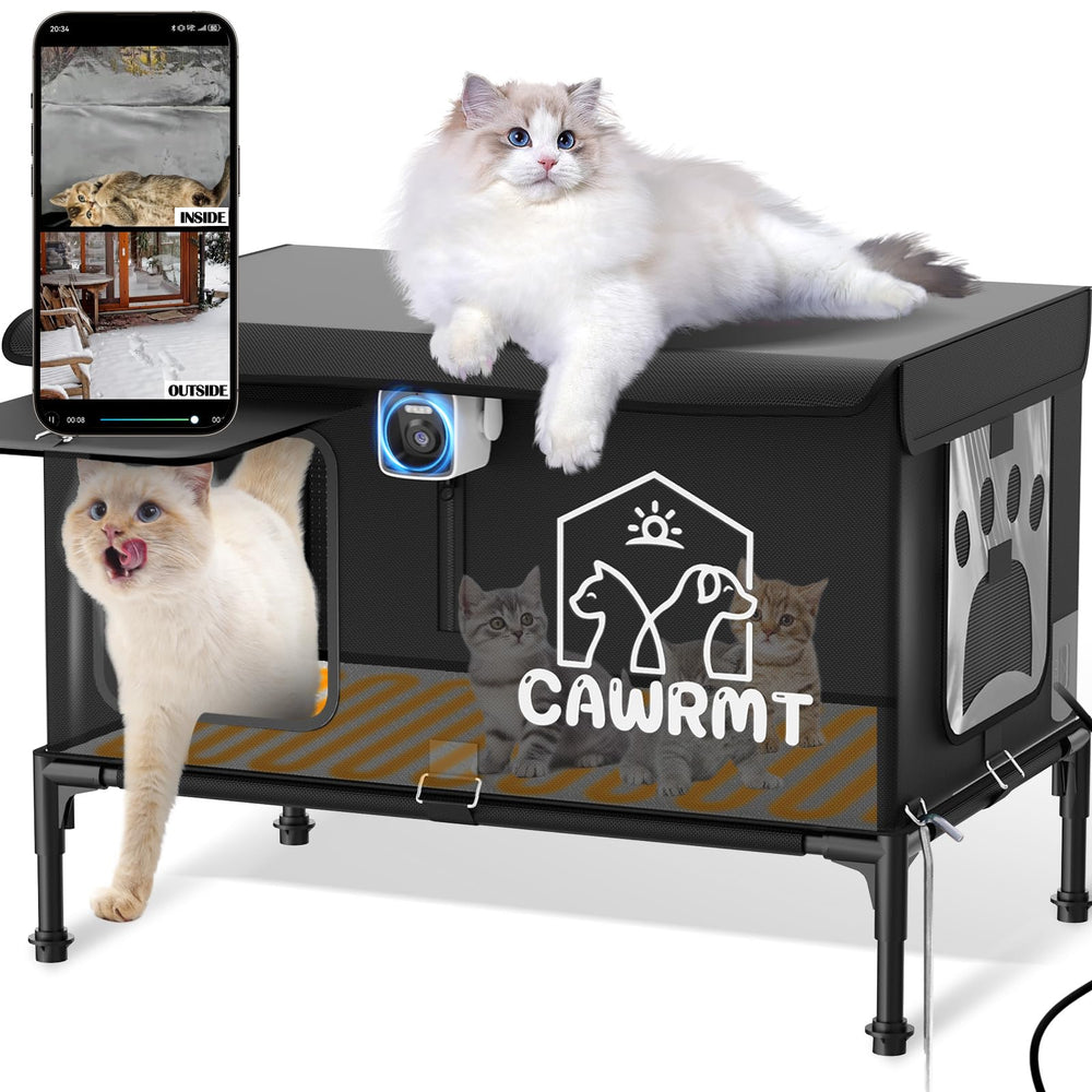 Stdily heated cat house front view—secure, weatherproof shelter for outdoor cats in winter.