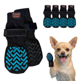 Steady Paws anti-slip dog socks on hardwood floor show secure traction for senior dogs.