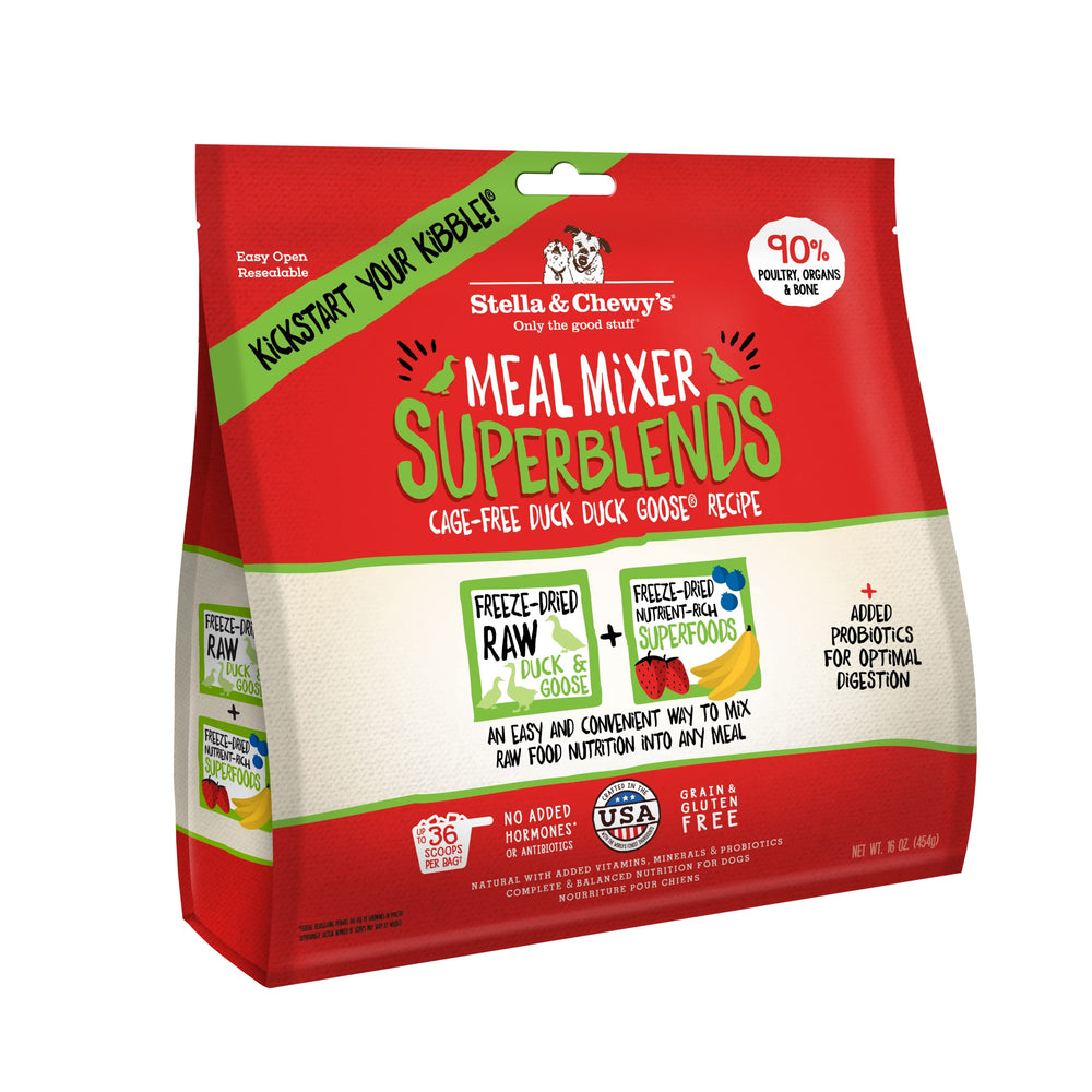 Stella & Chewy's freeze-dried duck meal mixer bag closeup showing premium raw nutrition.
