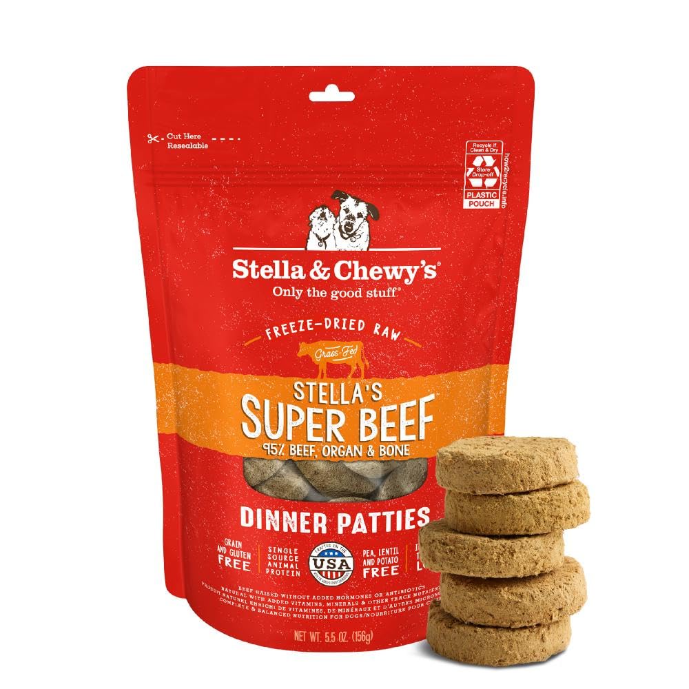 Stella & Chewy's freeze-dried beef patty close-up, protein-rich meal option for dogs.