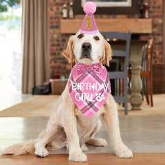 STMK dog birthday bandana pink shows BIRTHDAY GIRL design for photo-ready outfits.