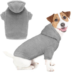 Stpiatue fuzzy dog sweater front view in grey for warm outdoor walks