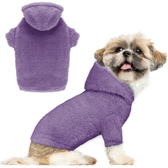 Stpiatue fuzzy dog sweater purple hoodie front view provides plush fleece warmth for small dogs.