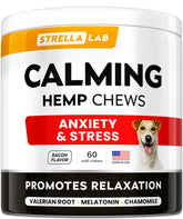 STRELLALAB Advanced Calming Chews bacon bottle image promotes calmer moments during fireworks.