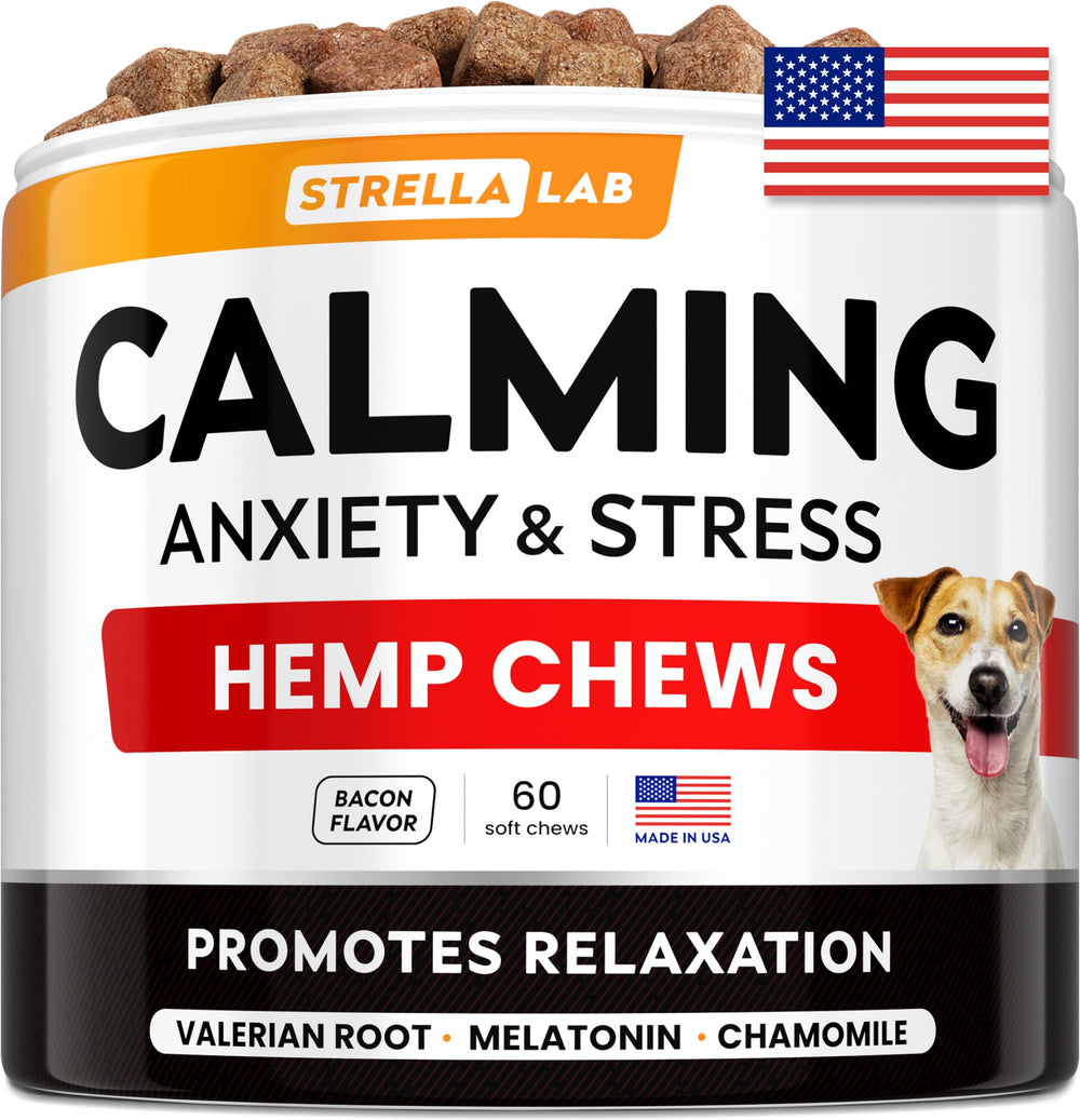 STRELLALAB Advanced Calming Chews packaging highlights a USA made calming solution for dogs
