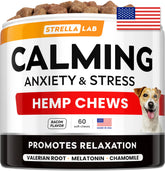 STRELLALAB Advanced Calming Chews packaging highlights a USA made calming solution for dogs