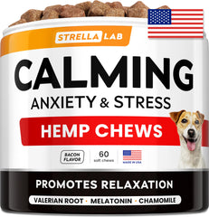 STRELLALAB Advanced Calming Chews packaging highlights a USA made calming solution for dogs