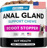 STRELLALAB Anal Gland Support Chews packaging highlights premium natural ingredients for dogs.