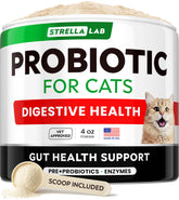 StrellaLab Cat Probiotic Powder tub with clean label promoting digestive support