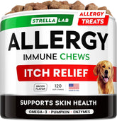STRELLALAB dog allergy relief chews bottle with easy-to-chew bites for daily use.