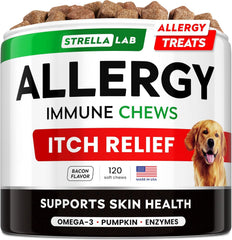 STRELLALAB dog allergy relief chews bottle with easy-to-chew bites for daily use.