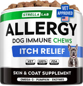 STRELLALAB dog allergy relief chews omega-3; soothing itchy skin.