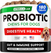STRELLALAB Dog Probiotics Chews jar showcases readable gut health support in a practical container