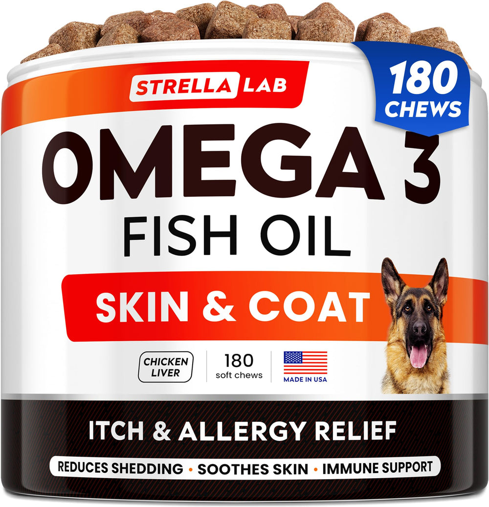 STRELLALAB Fish Oil Treats in a dog bowl for daily skin and coat support.