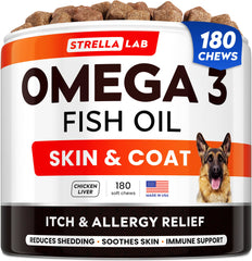 STRELLALAB Fish Oil Treats in a dog bowl for daily skin and coat support.