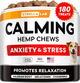 STRELLALAB hemp calming chews for dogs bottle promotes calm moments during fireworks and thunderstorms.