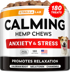 STRELLALAB hemp calming chews for dogs bottle promotes calm moments during fireworks and thunderstorms.