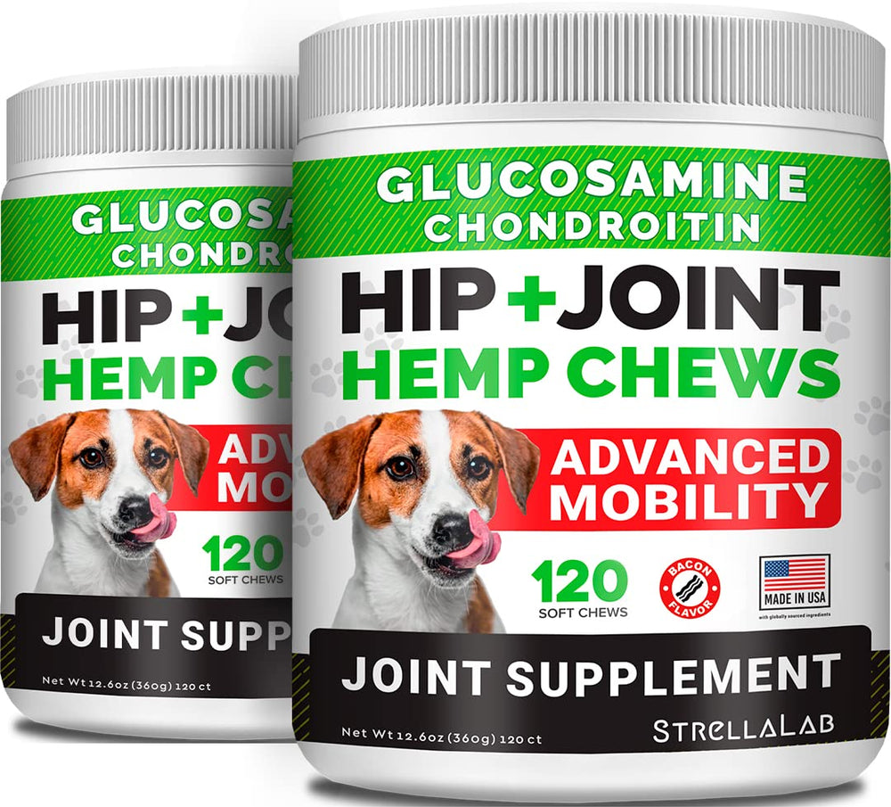 STRELLALAB large-breed hemp glucosamine dog joint supplement bottle closeup for joint support.