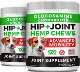 STRELLALAB large-breed hemp glucosamine dog joint supplement bottle closeup for joint support.