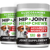 STRELLALAB large breed hip joint chews bottle highlights mobility support for active dogs.