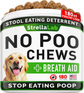 STRELLALAB No Poo Chews bottle—easy, tasty treats for supporting coprophagia deterrence.