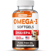 StrellaLab Omega-3 dog softgels jar promotes joint health and shiny coat.