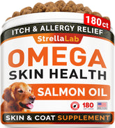 STRELLALAB Omega 3 for Dogs bottle with salmon oil chews for coat health.