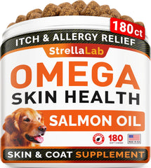 STRELLALAB Omega 3 for Dogs bottle with salmon oil chews for coat health.